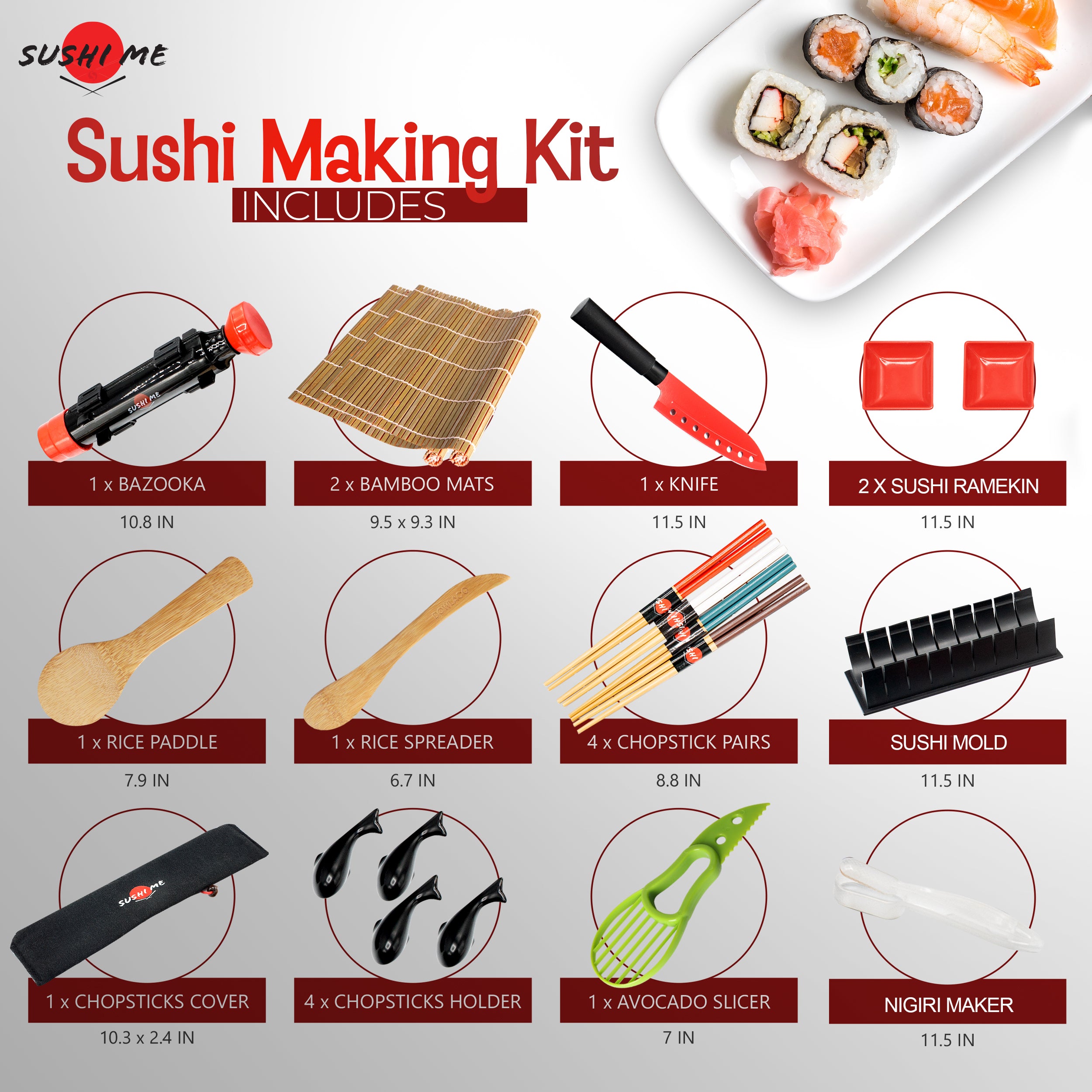 Sushi Making Kit, 2 Bamboo Sushi Mats and 1 Professional Sushi Bazooka Rice  Roller, 2 Pairs of Bamboo Chopsticks, Avocado Slicer Holder Paddle